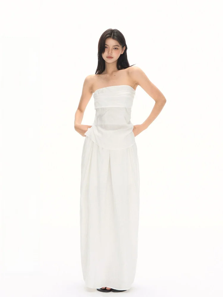 

Romantic Pleated Design Strapl Top Women's Bloomer Skirt Two-Piece Set French Sle ort Sve Long Pants Autumn Wear