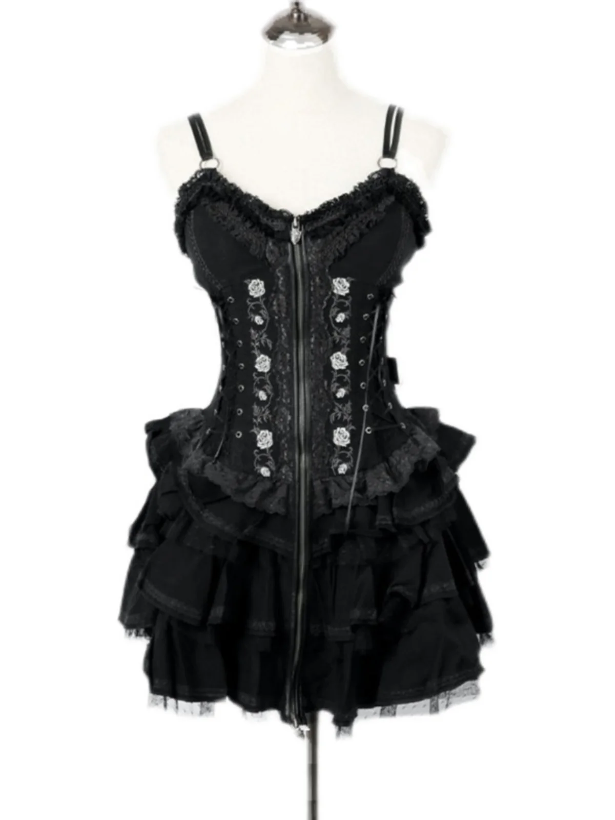 Original Lolita Kleid Set Damen Slim Elegant Gothic Punk Reißverschluss V-Ausschnitt Vintage Hosenträgerkleid + Hemd Set Sommer Zweiteiliges Set