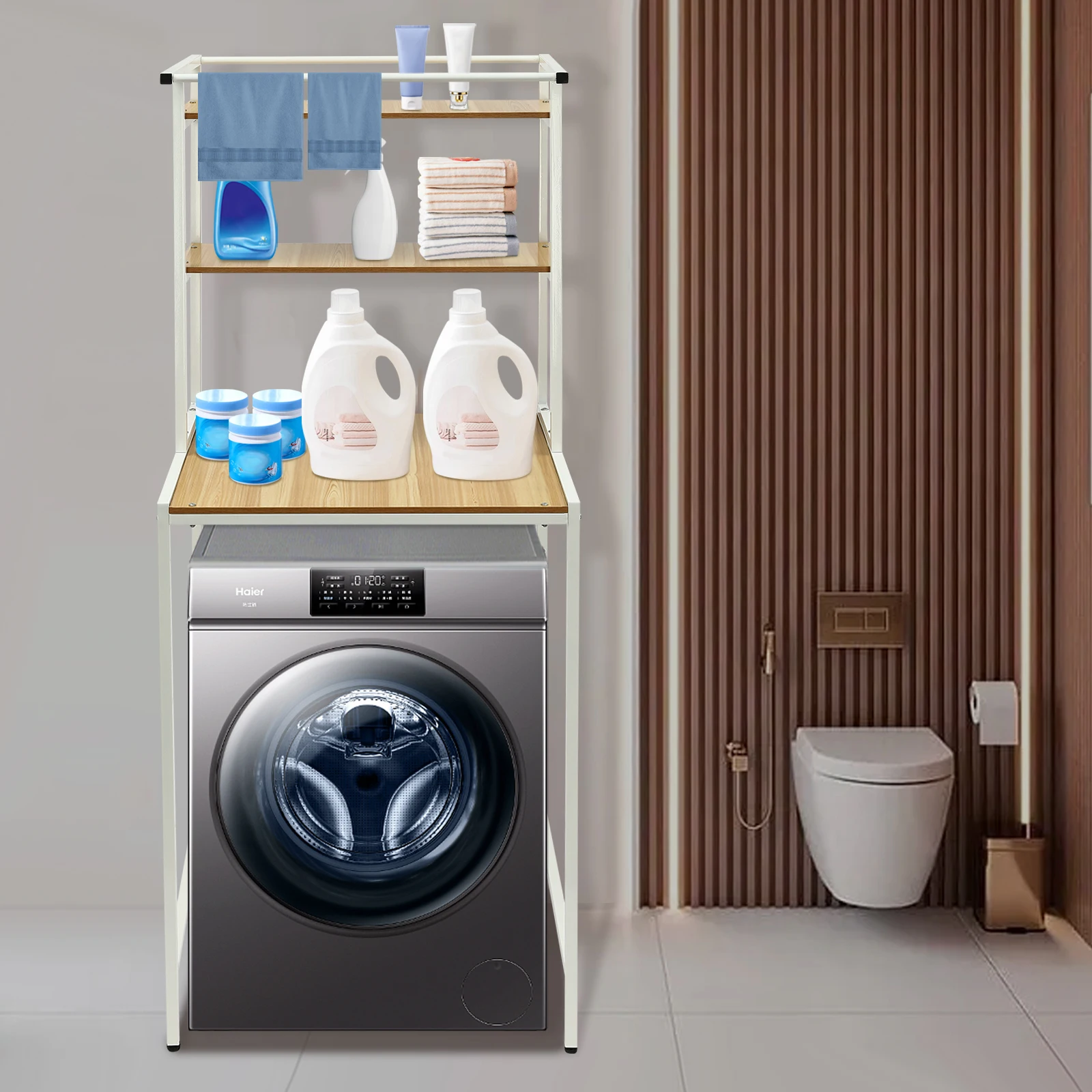 رف تخزين للغسالة والمجفف، رف منظم للحمام من 3 طبقات، رف تخزين قائم موفر للمساحة #5