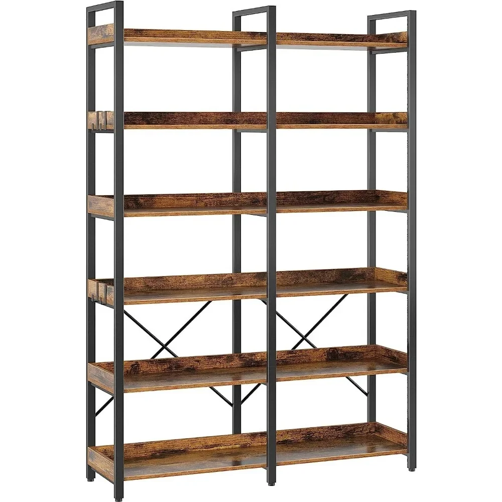 Bookshelf 6 Tier with 4 Hooks, 69” Industrial Wooden Bookcase, Vintage Storage Rack with Open Shelves, Standing Bookshelves