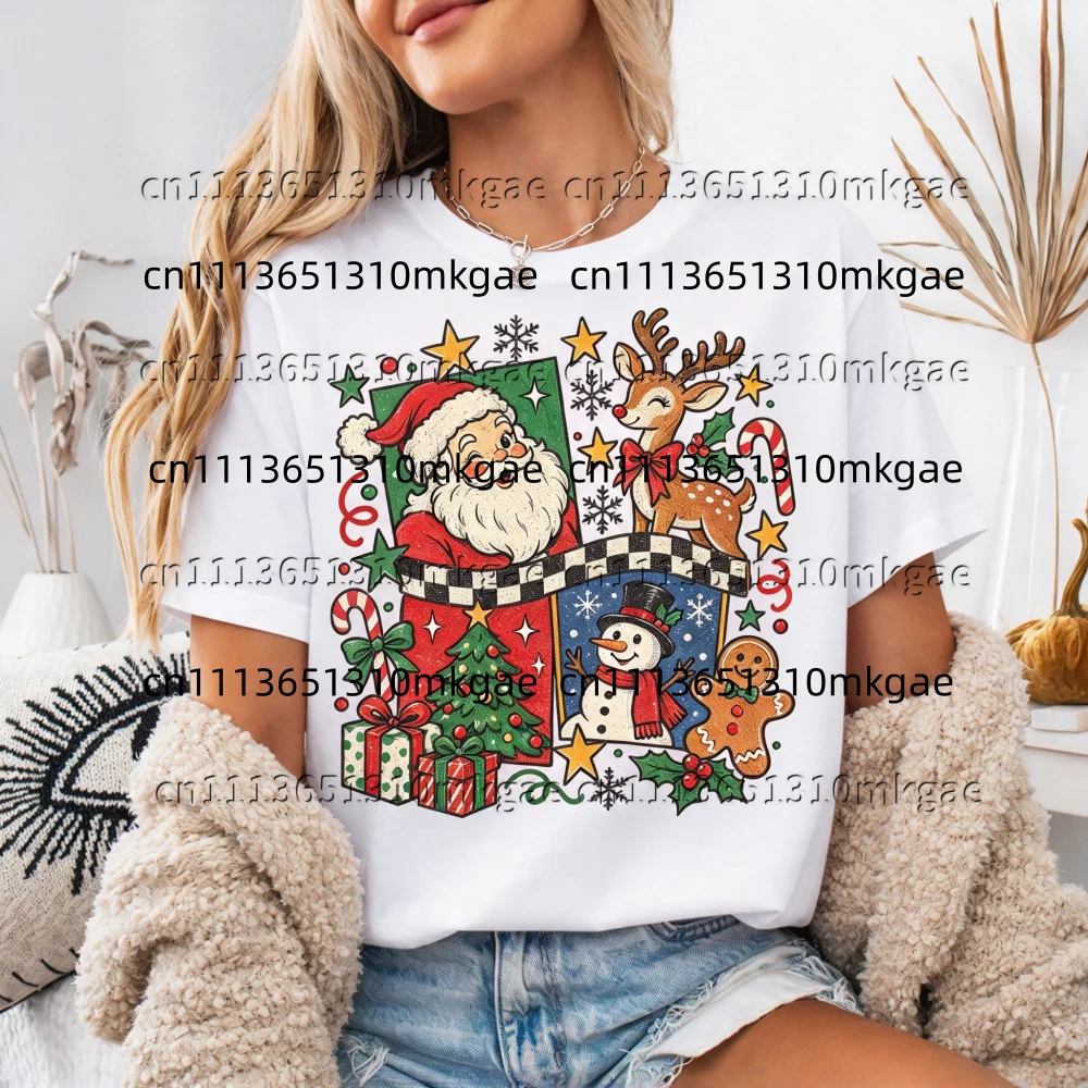 Women Christmas Short Sleeve T-Shirt Vintage Santa Reindeer Kids Snowman Gingerbread Man Tree Print Casual Xmas Crew Neck Tops