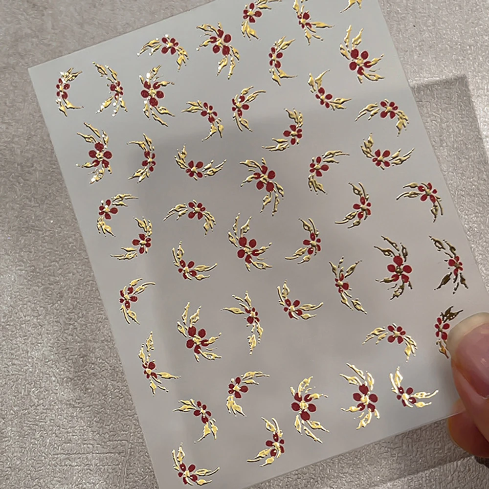 

1 Sheet 5D Gold Silver Bronzing Flower Nail Sticker Sweet Red Floral Nail Art Decals Old Money Style Self Adhesive Nail Sliders