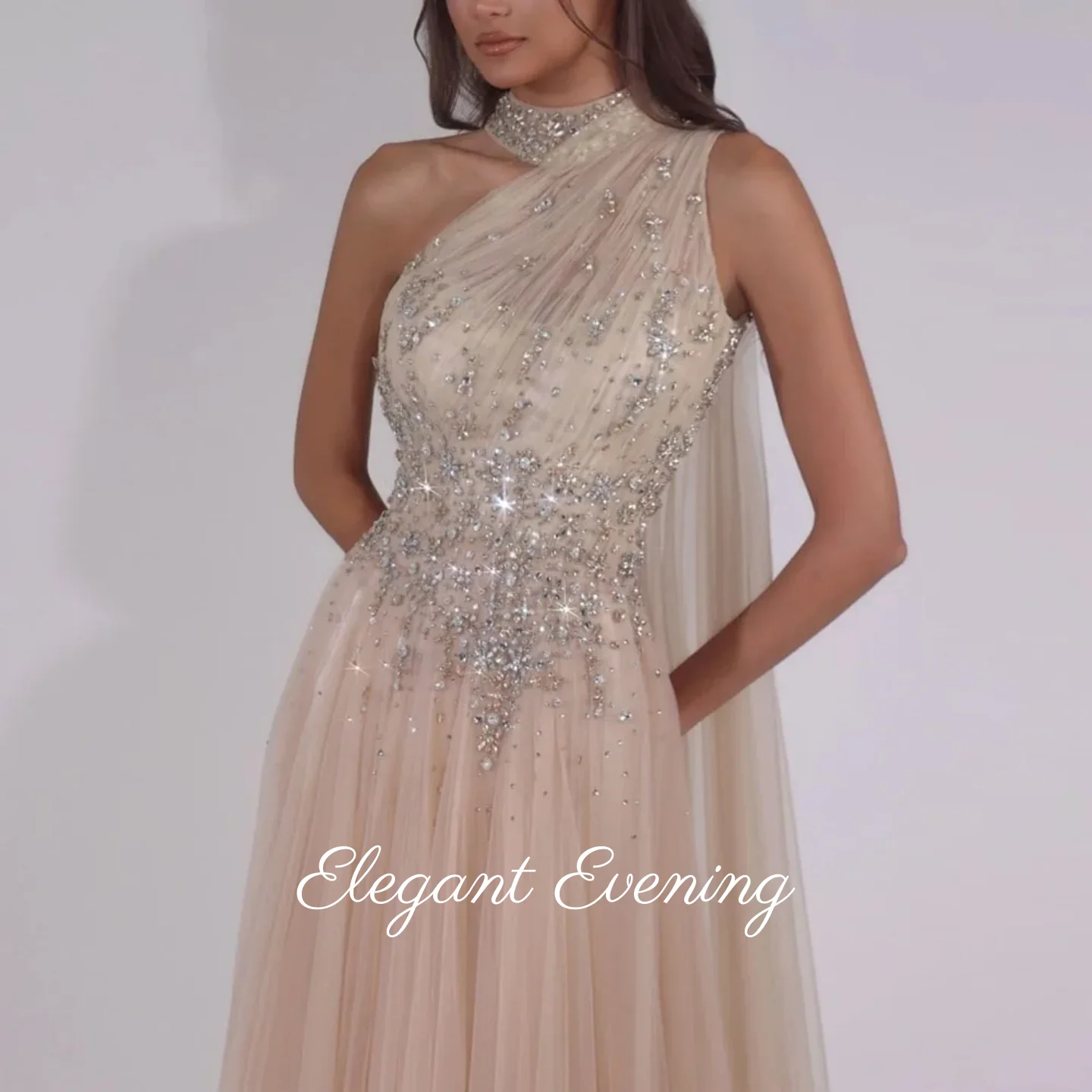 Personalizado modesto cristal flowy elegante vestidos de festa um ombro uma linha vestido de baile com xale tule vestido de aniversário de casamento gala