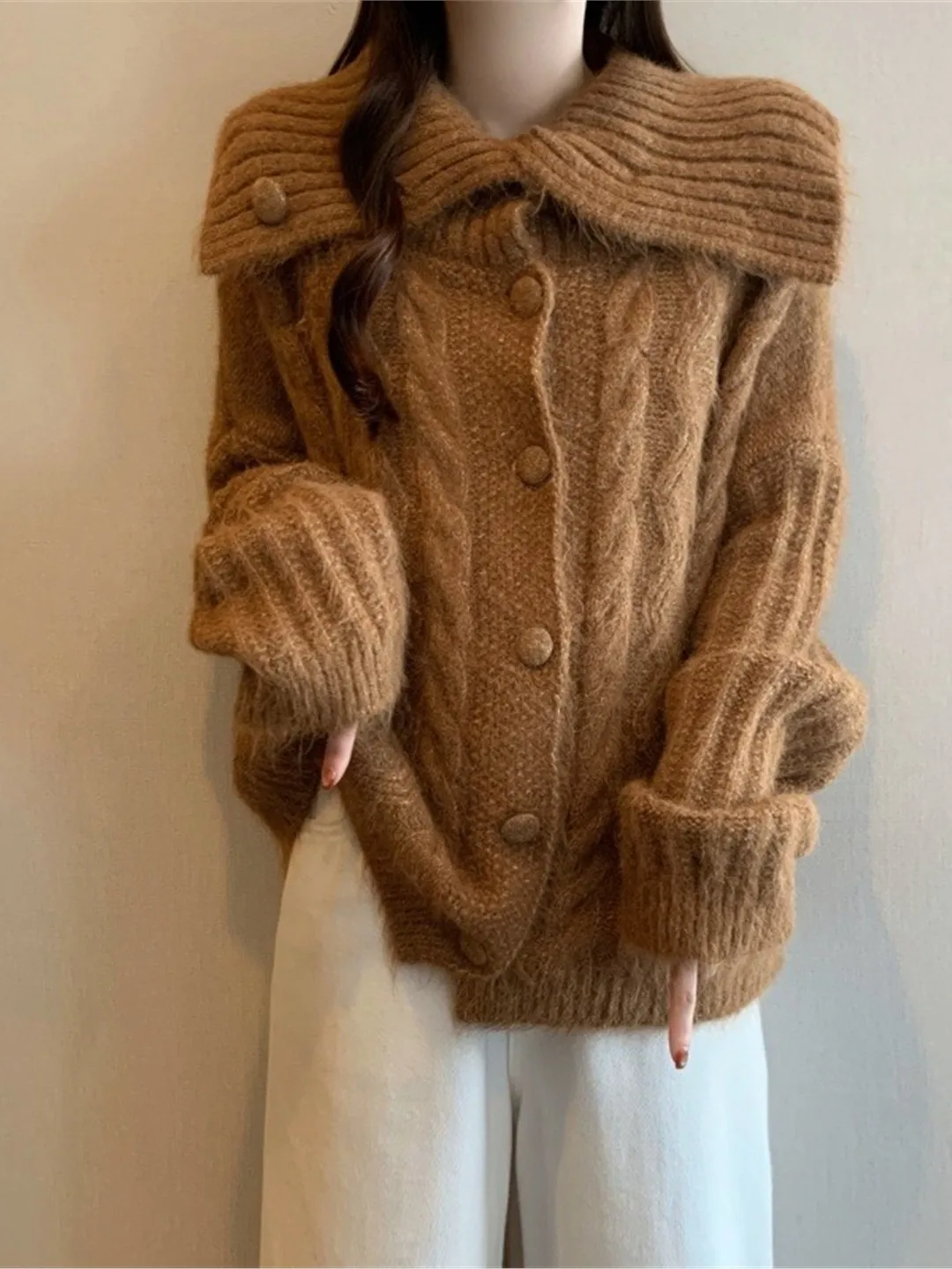 

Thiened Warm Knitted Sweater Coat for Women Loose Fit Collared Sle Autumn Winter Outerwear plus Size Comfortable Top