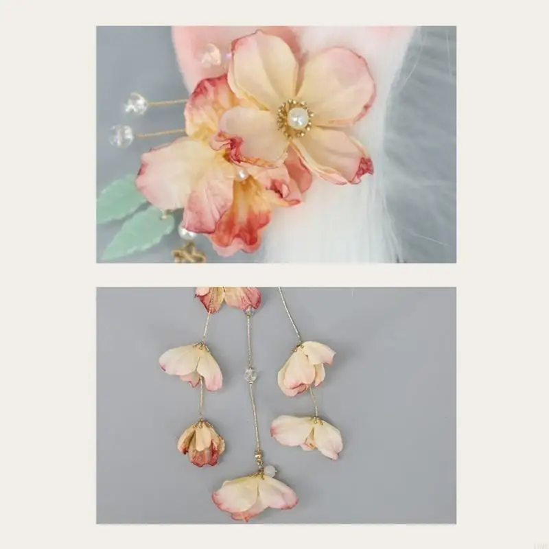 

49MF Furry Ear Headband Cosplays Ears Headpiece with Flowers Tassel Decors for Party