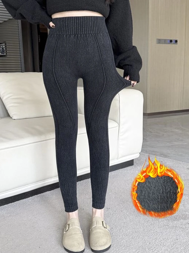 Autumn Winter Thicken Warm Leggings Women Joggers High Waist Fleece Elastic Tights Prevent Cold Pants Slim Solid Legging