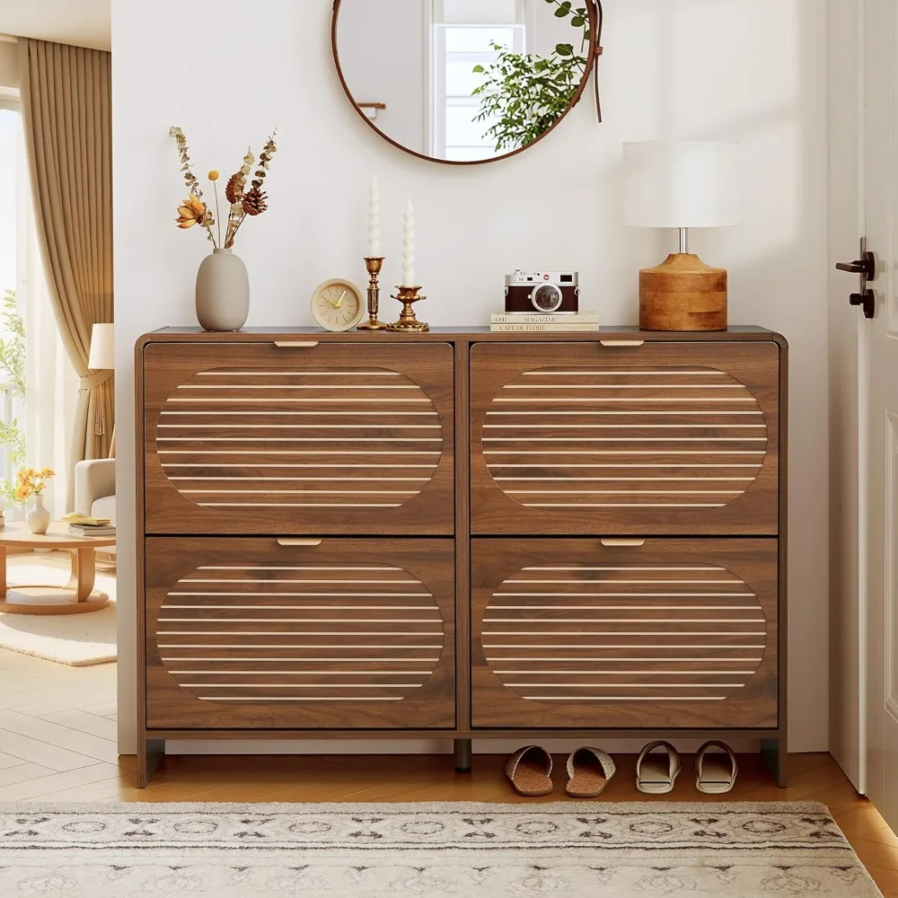 

47" Large Shoe Storage Cabinet with 4 Flip Drawer Arched Fluted Pattern, Farmhouse Hidden Narrow Curved Corner Shoe Organizer fo