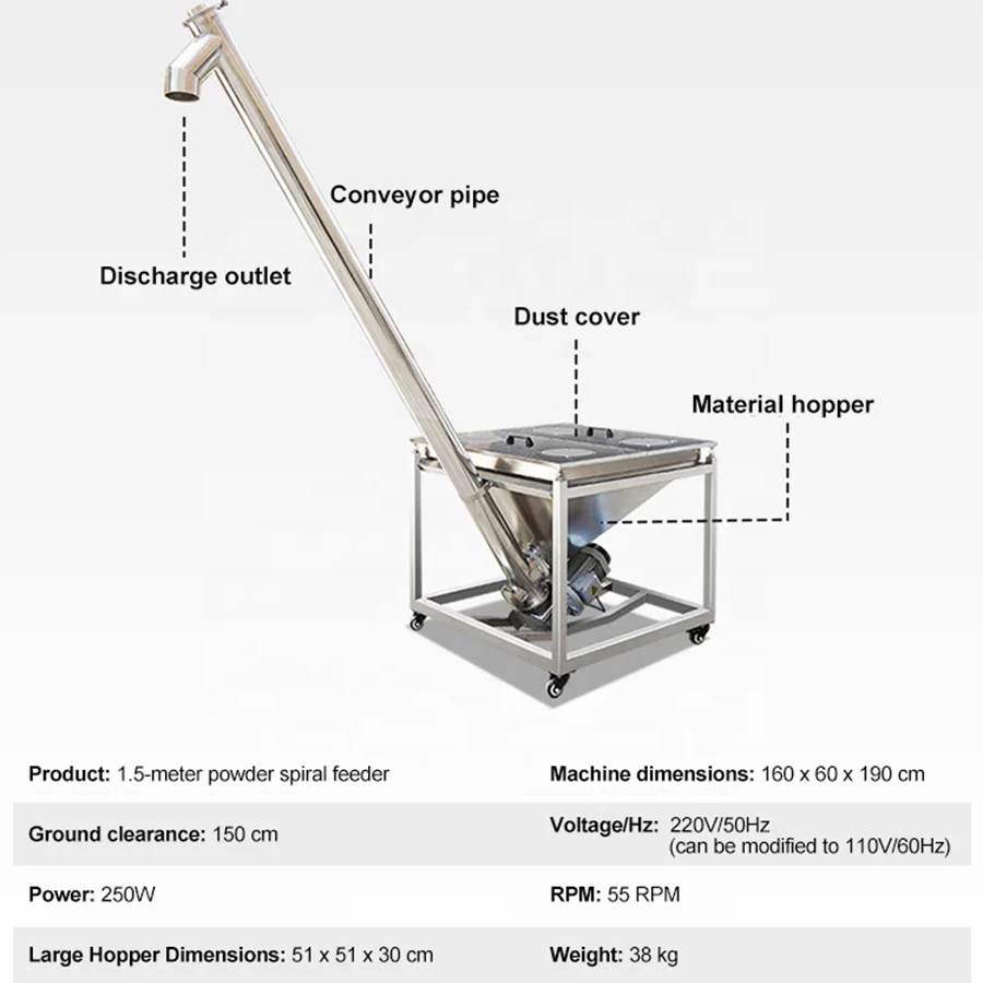 Custom Size Chemical Washing Powder Cocoa Wheat Flour Seasoning Sachet Packing Quantitative Feeding Machine Screw Auger Conveyor