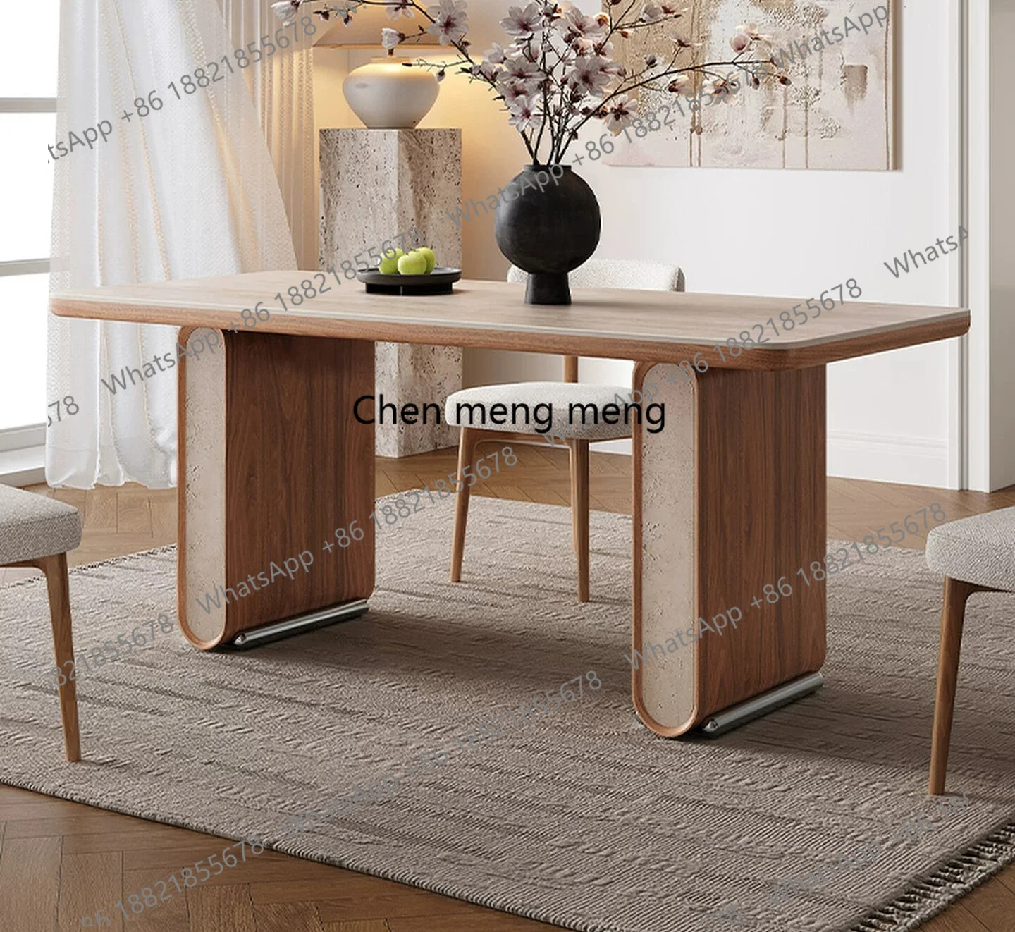 

Medieval travertine rock slab dining table and chairs, new household high-end rectangular dining table