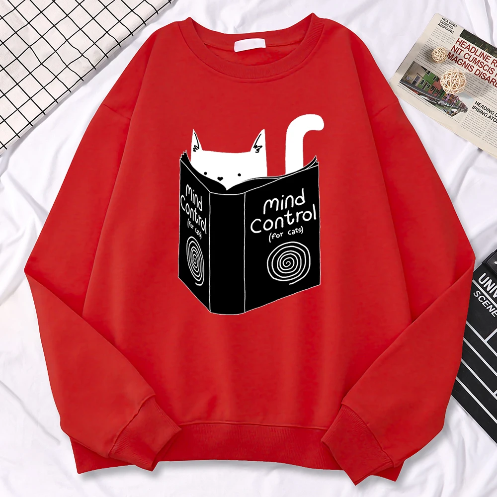 Autumn Winter Women Pullover Cats Mind Control Book Printing Hoodie Loose Comfortable Sweatshirt Fleece All-Math Female Clothes