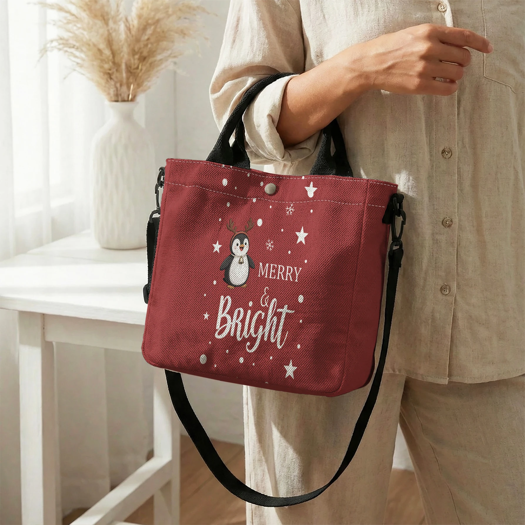 Merry & Bright Antler Penguin Red Print Tote Bag, Detachable Strap Crossbody Handbag For Daily Work Shopping