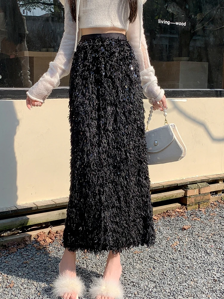 

Autumn Winter Heavy Industry Fringe Sequin Skirt Women Retro Luxury Long Straight Skirt Maxi Elastic Waist Skirt Femal 2024 New