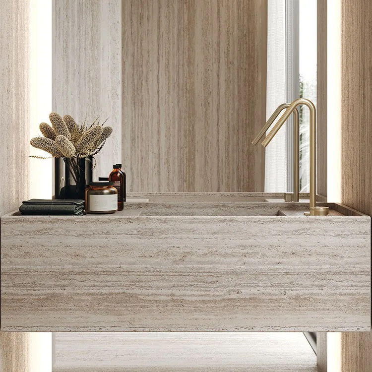 Beige beige, Roman travertine rock slab, narrow edge, thin edge, deep sink, washing table.