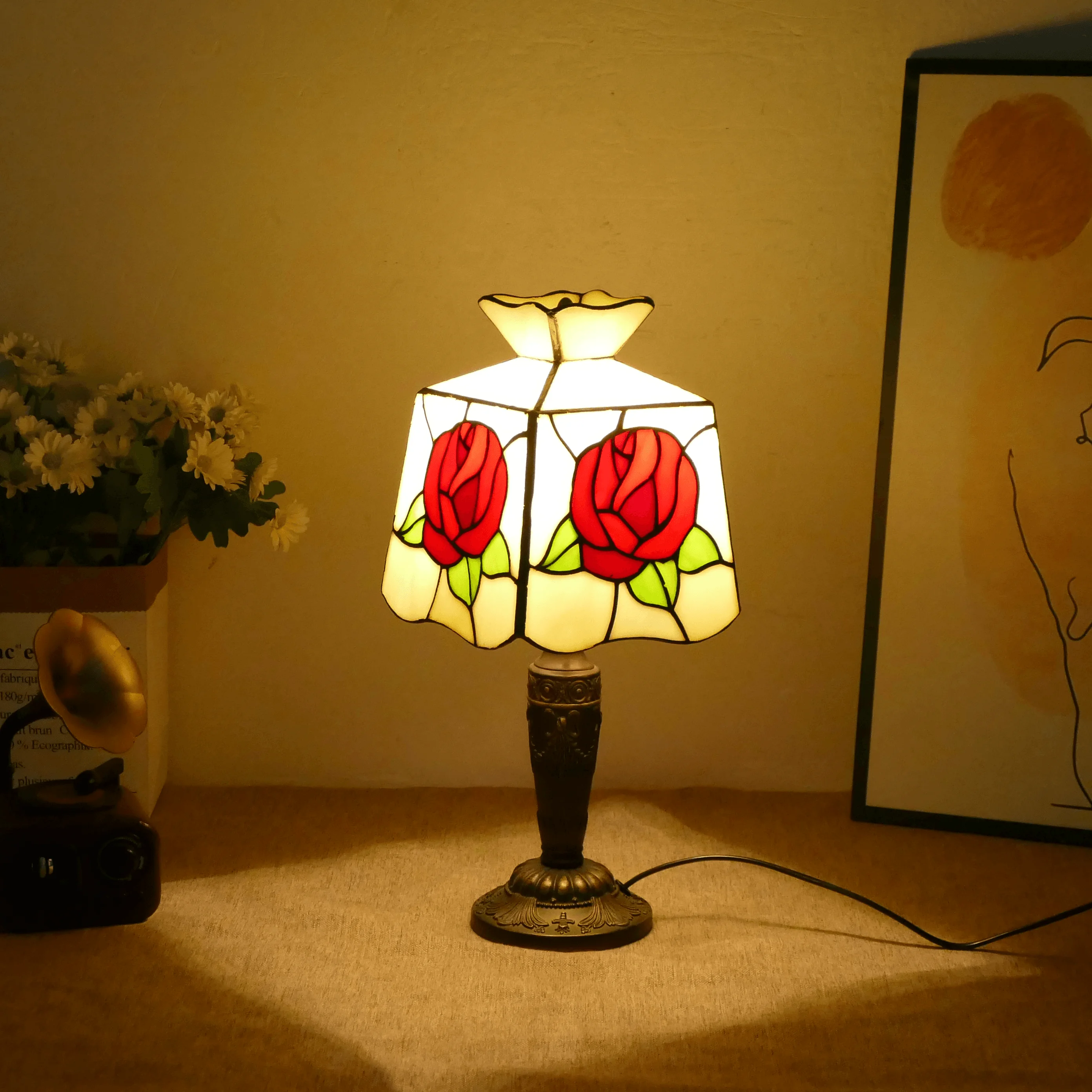 

6 Inch Red Rose European Style Simple Bedside Lamp Study Living Room Hotel bar Atmosphere Lamp