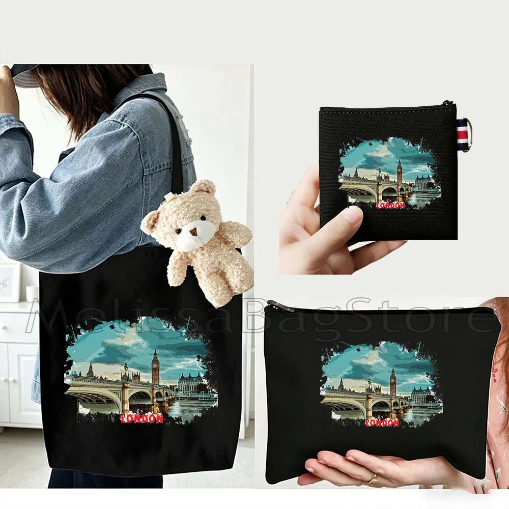 

4PCS Gifts Set London City White Canvas Tote Bag Handbag with Doll Key Coin Purse Cosmetic Makeup Toilet Bag Case Pouch