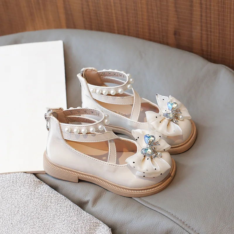 Girls Princess Leather Shoes New Spring Autumn Elegant Bowknot Children Pearl Single Shoes Sweet Ankle Strap Kid Mary Jane Shoes