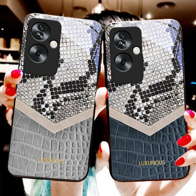 Snake skin pattern For Oppo A79 5G 58 78 74 60 4G Reno 11F Realme GT 6 11 Note 50 10 C55 X2 Tempered glass black phone case