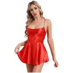 Women's Sexy Satin Mini Dress Cocktail Party Club Rave Dance Dresses Cowl Neck Spaghetti Straps Silk Cami Dress for Night Club