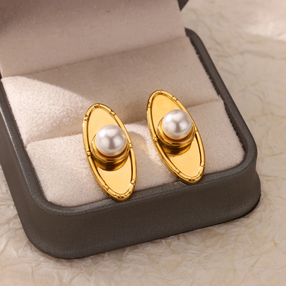 

Luxury Imitation Pearl Oval Earrings For Women Gold Color Geometric 2025 Trend Ear Piercing Waterproof Stainless Steel Jewelry