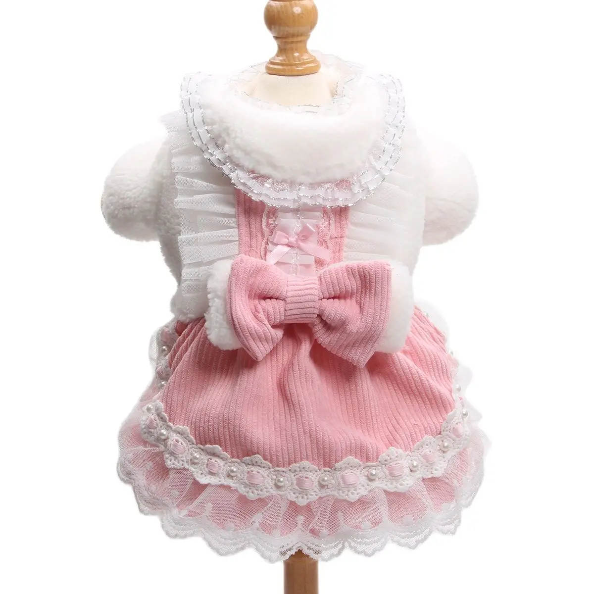 Princess Dog Cat Warm Dress Double Lace&Bow Design Puppy Winter Coat Outfit for Female Dogs Cats