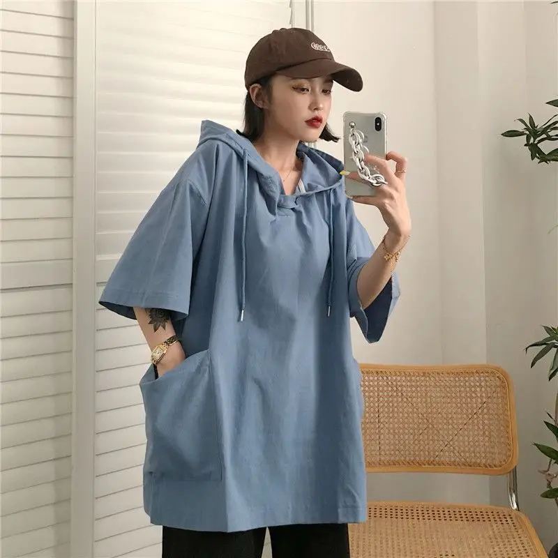 Vintage Loose All-match Tops Tees Summer New Short Sleeve Solid Hooded Street Casual T Shirts Harajuku Trend Women Clothing