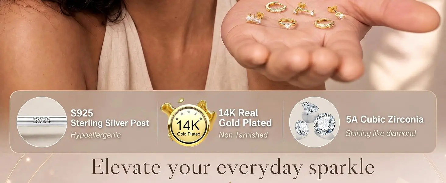 Drperfect 6 Paar Silber-Nadel-Ohrringe für Damen, Trendige 14K Vergoldete Creolen-Set, Ohrstecker, CZ Knorpelpiercing – Detail 2