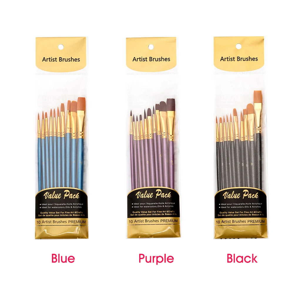 10pcs/set For Kids Art Supplies Watercolor Accessories Paint Brush Set Nylon Stationery Craft Acrylic Oil Gift Round Pointed Tip