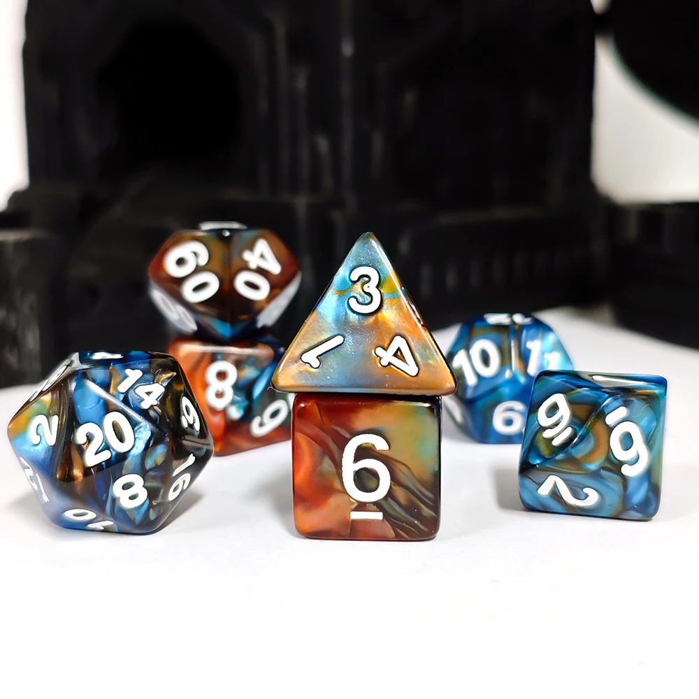 Wholesale DND Custom 7PCS Blue Brown Marbled Polyhedral Dice,Swirl Acrylic Dice with White Ink,for DND TTRPG Dungeons and Dragon