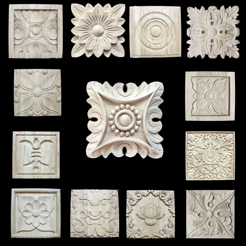 Unique Natural Floral Wood Carved Onlays and Appliques Wood Figurines for Decor Home Decoration Accessories wood furniture decal