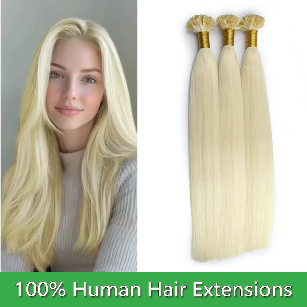 

U Tip Hair Extensions White Blonde 1001 Nail Hot Fusion Keratin Glue Beads Human Hair Extensions 14-24 Inch 50pcs Extensions