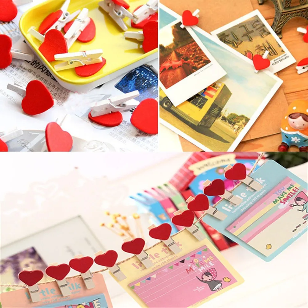 10-20Pcs/Pack Mini Heart Love Wooden Clothes Photo Paper Peg Pin Clothespin Craft Postcard Clips Home Wedding Decoration