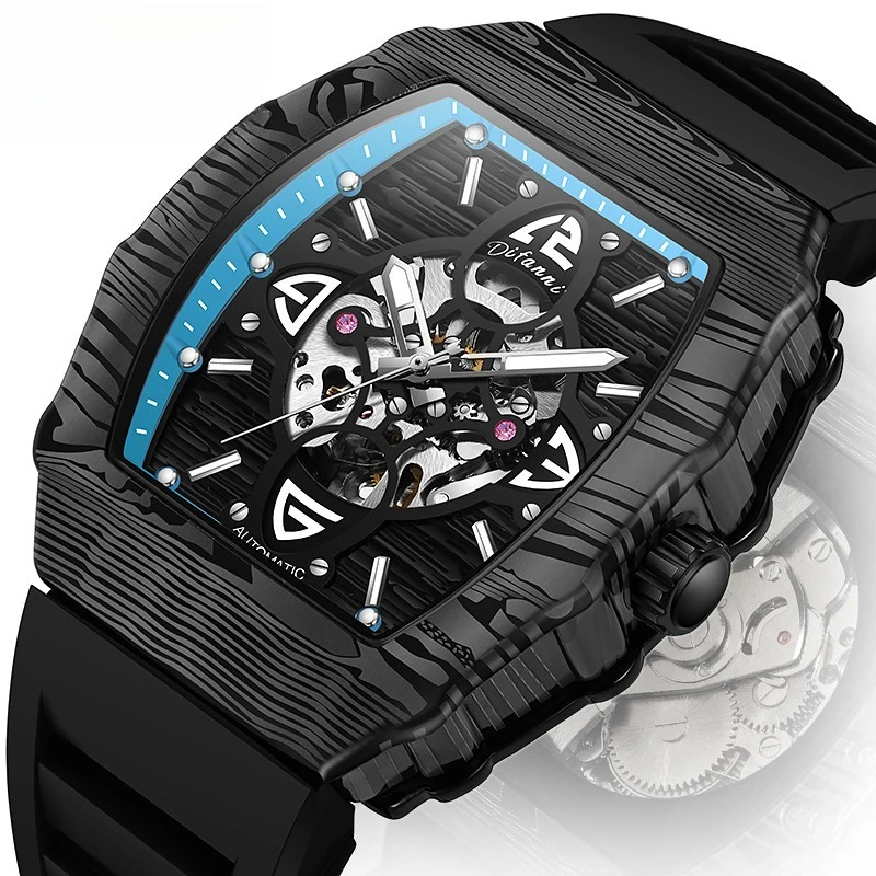 Stainless Steel Skeleton Series Tonneau Luminous Waterproof Self-Wind Automatic Mechanical Watch for Men