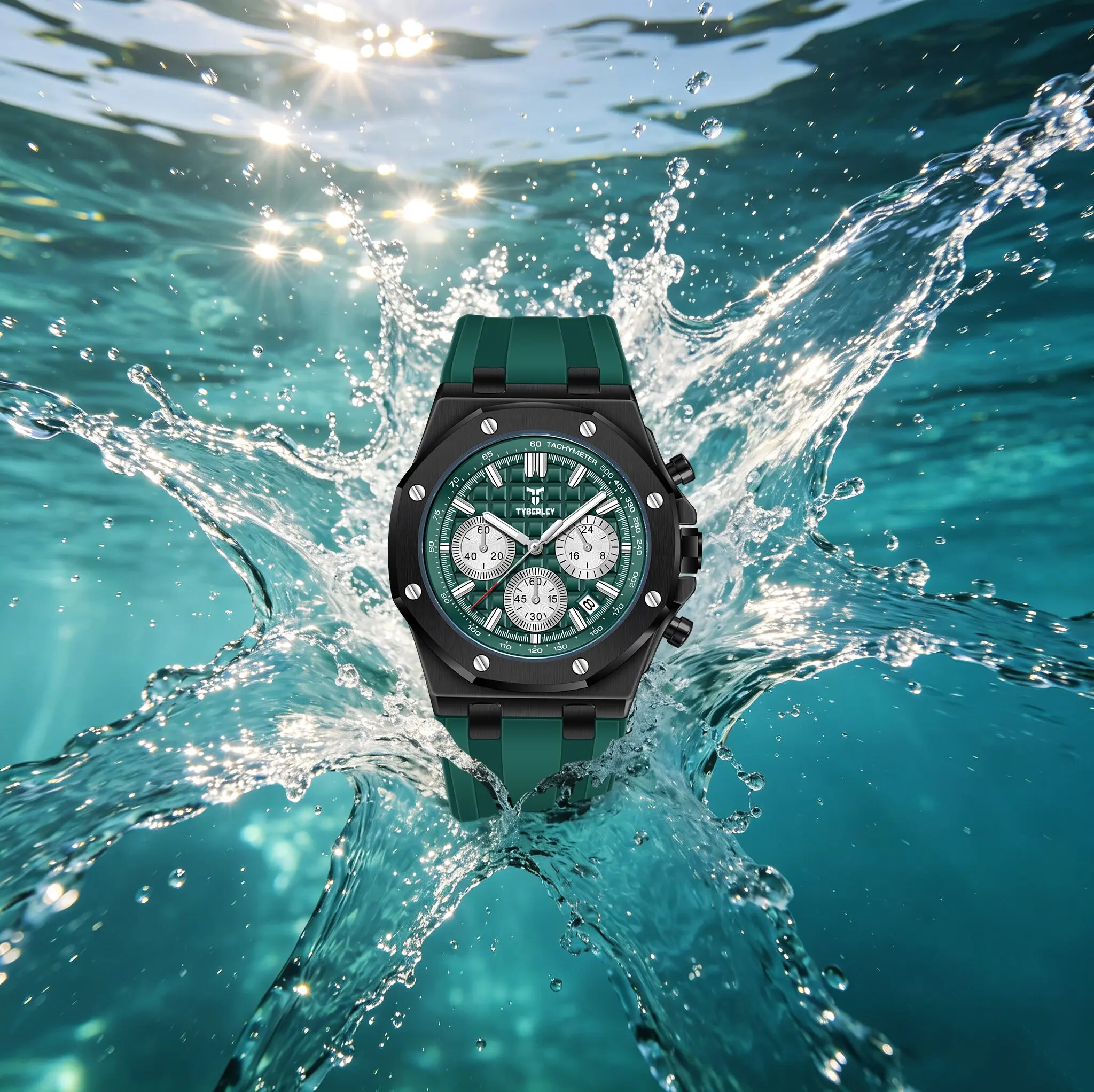 TYBERLEY Premium Green Octagonal Men Quartz Watch 3-Eye Dial Tachymeter Luminous Waterproof Watch For Man Dress Commute & Sports