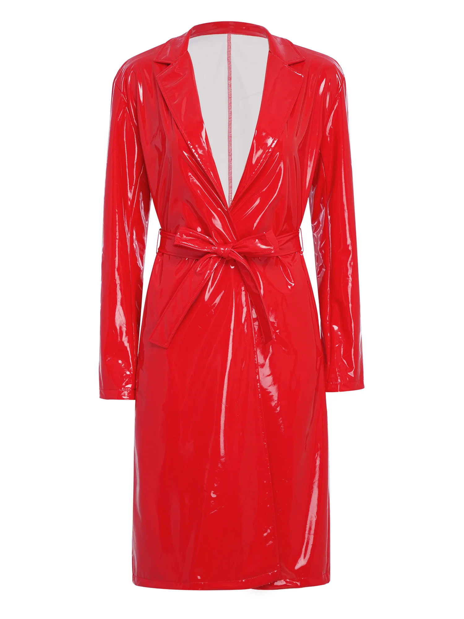 Volwassenen Dames Lange Trenchcoat Blazer Clubwear Revers Glanzend Open Voorzijde PU Leer Lange Jassen met Riem Overjas Streetwear - afbeelding 2