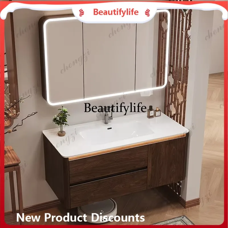 E182 Medieval walnut color rounded corner ceramic integrated basin solid wood bathroom cabinet washbasin cabinet combination