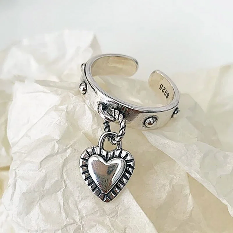 Women's 925 Sterling Silver LOVE Heart Tassel Ring