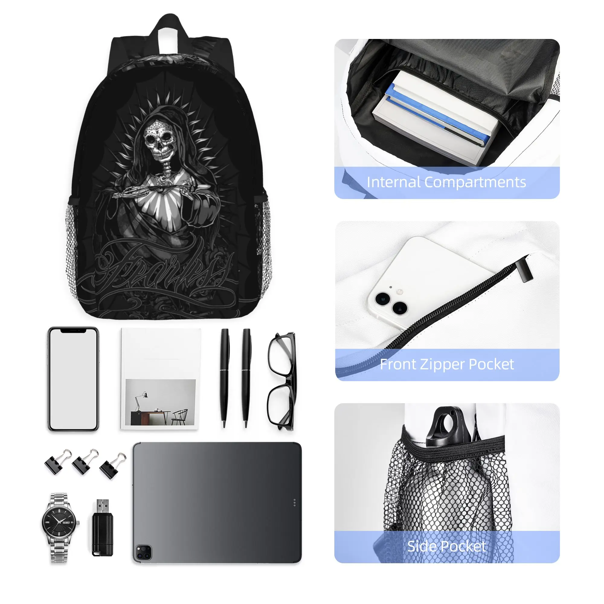 Santa Muerte Spanish Holy Death Backpack Hot Sale Daypack Large Capacity Boy Girl BookBag Shoulder Bags for Men Women School Bag