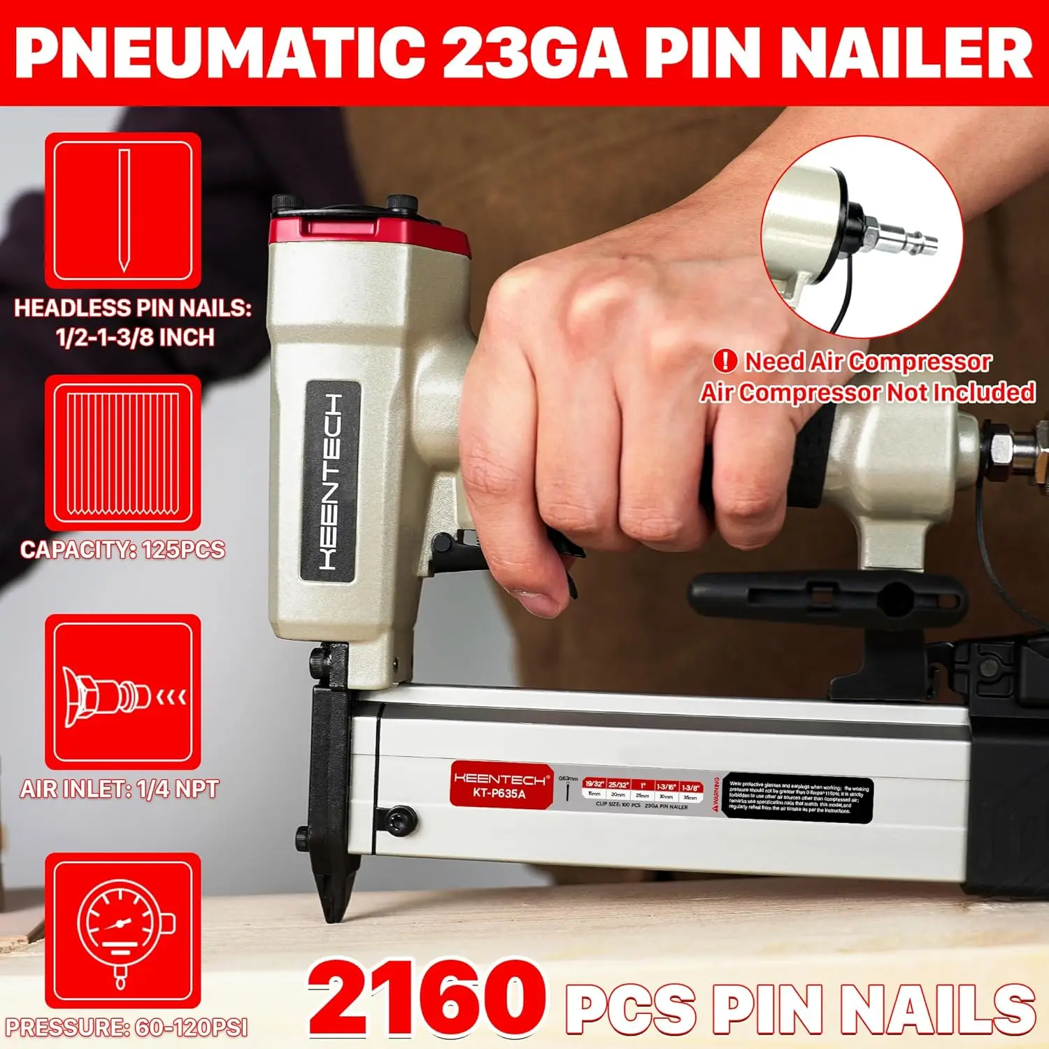 23 Gauge Pneumatic Pin Nailer - Headless Air Micro Pinner with 2160pcs Pin Nails (1/2