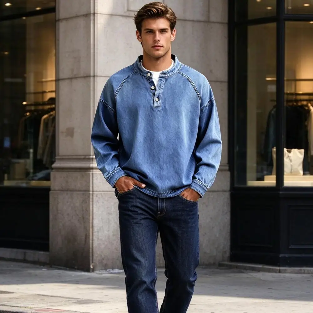 Long Sleeve Shirt Breathable Shirt Vintage Long Sleeve Men’s Pullover Distressed V-neck Shirt Top Loose Fit Fall for Everyday
