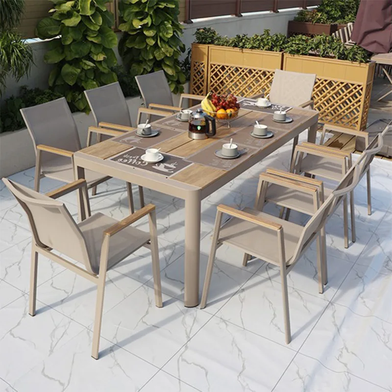 Outdoor table and chair combination courtyard garden open-air waterproof plastic wood long table barbecue table preservative woo
