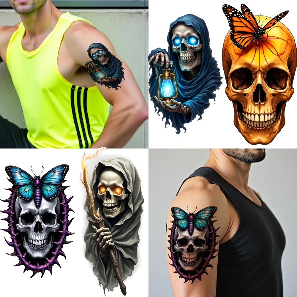 

3pcs Temporary Tattoo Butterfly Tattoos Colorful Realism Skull Tattoos Realistic Temporary Tattoos For Men Women Thighs