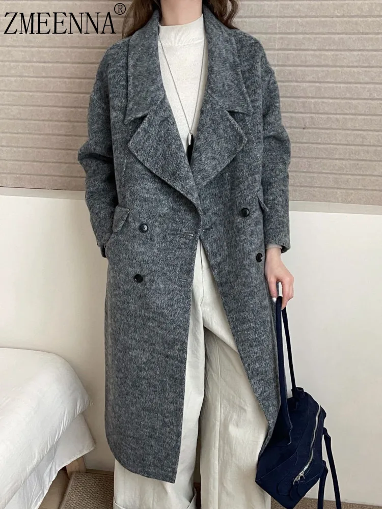 

ZMEENNA женское элегантное серое твидовое шерстяное пальто, двубортное пальто с воротником с лацканами, длинная зимняя верхняя одежда большого размера ZM4230