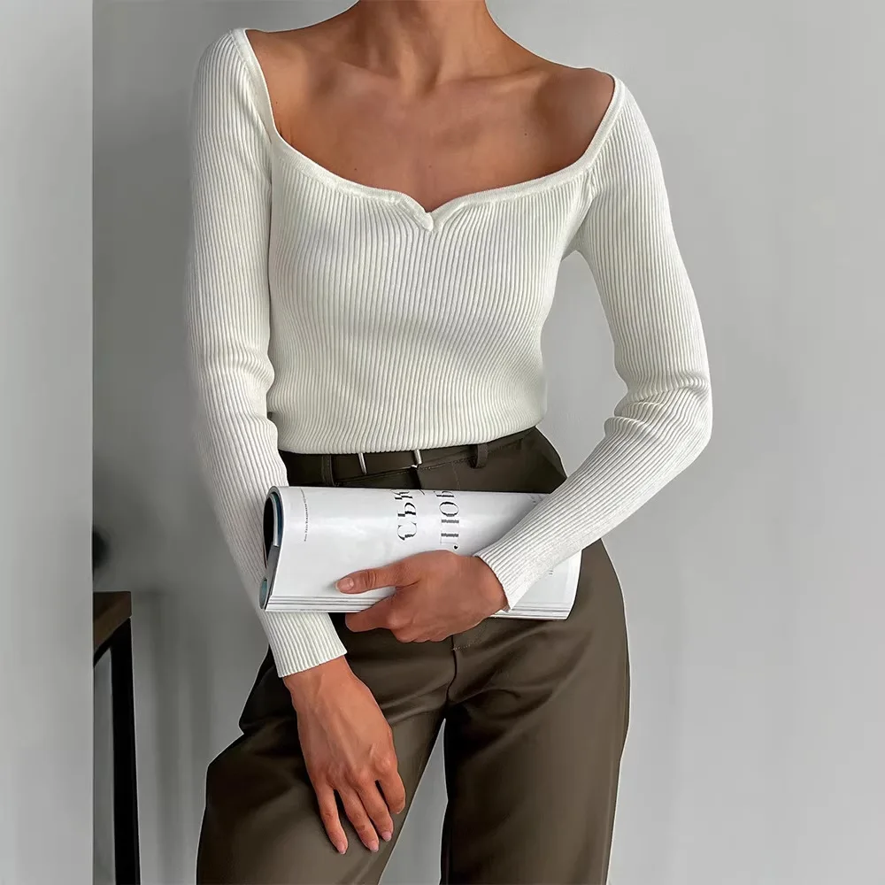 Autumn Y2K Pullover Sweater Tops Casual Sexy Slim Jumpers Sweater Winter Knitwear Women Square Neck Long Sleeve Knitted