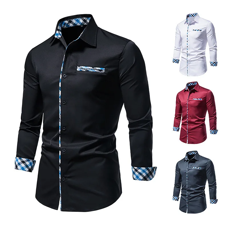 Men's Long Sleeved Fashionable Button Up Shirt, Contrasting Casual Button Up Shirt, Slim Fitting Formal Shirt