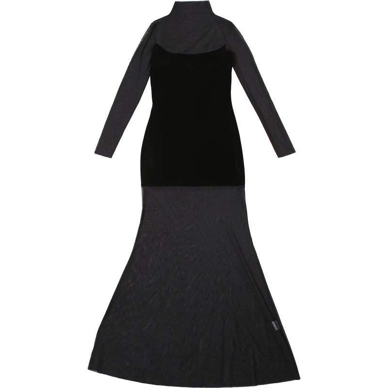 เดรสยาวซีทรูแขนตาข่ายเซ็กซี่สำหรับผู้หญิง แต่งผ้ากำมะหยี่สีดำ คอเต่ารัดรูปทรงบอดี้คอน เหมาะสำหรับออกงานกลางคืนหรือใส่ไปเที่ยวคลับ ดีไซน์หรูหรา