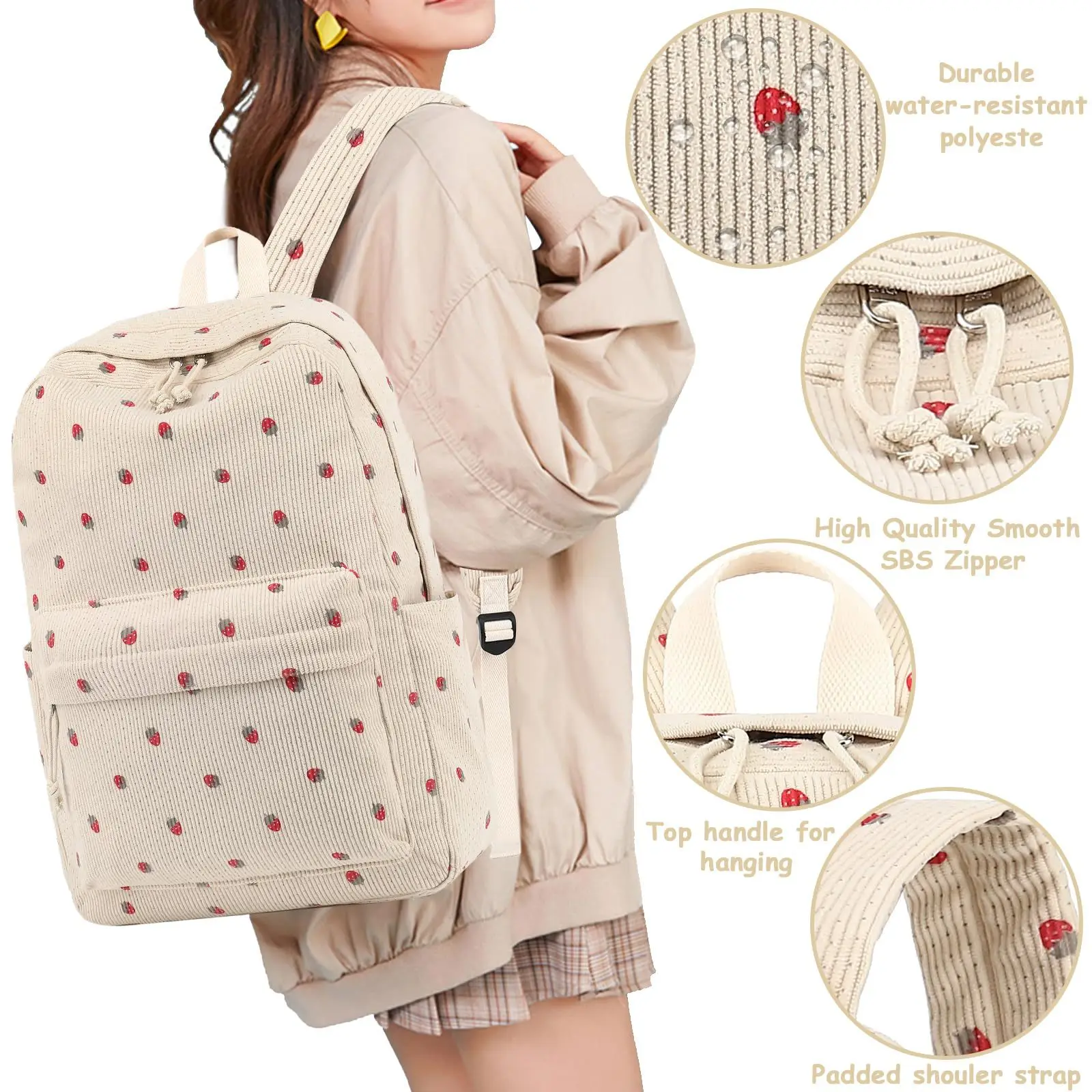 3/set Corduroy Backpacks Strawberry Multi-function Schoolbag Casual Travel Large Capacity Daily Lightweight Students School Bag