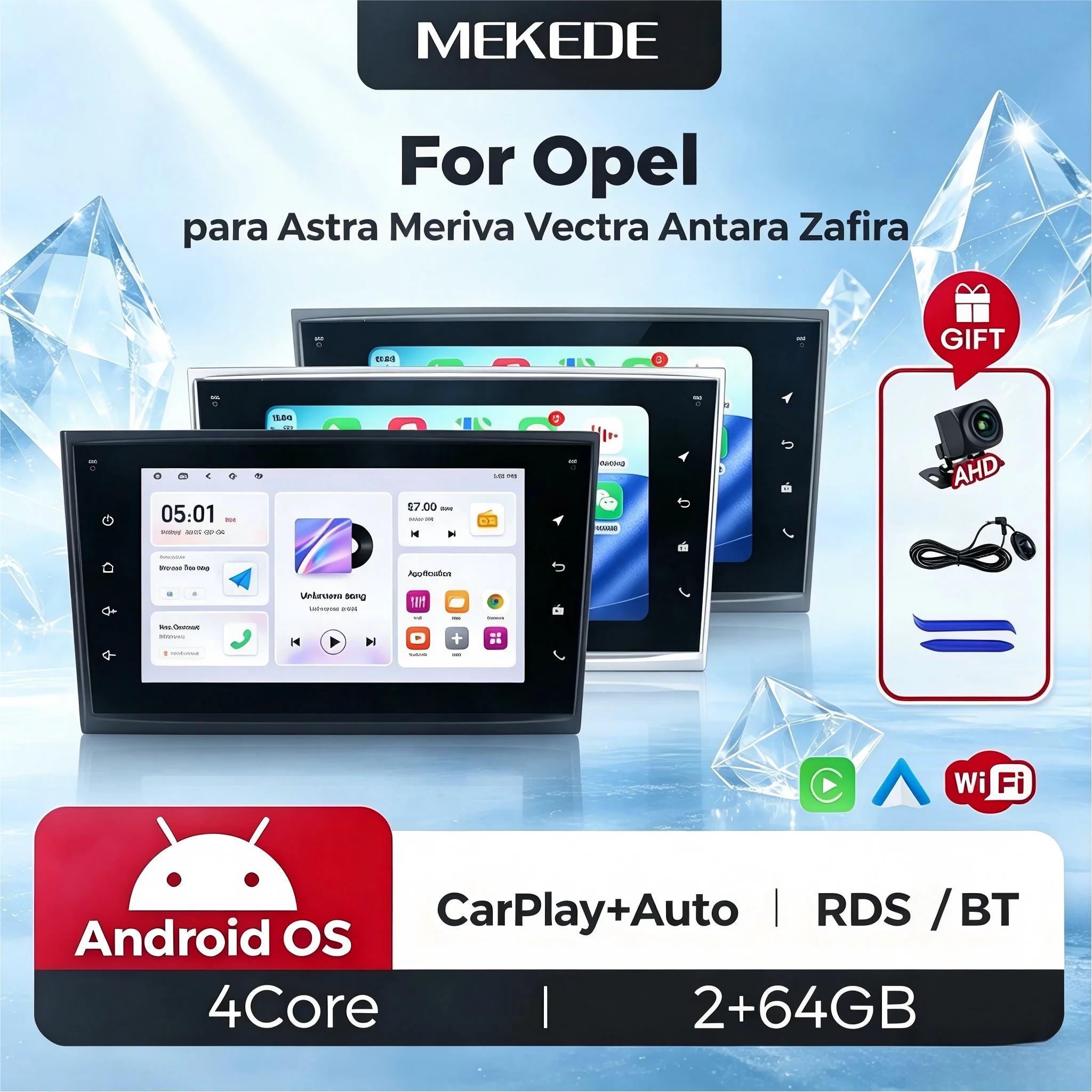 Autoradio MEKEDE 7" sans fil CarPlay Android Auto pour Opel Astra Vectra Vauxhall Antara Zafira Corsa Vivaro Meriva Combo Tigra 2DIN, système multimédia stéréo avec ventilateur de refroidissement, GPS, SWC, BT, FM, RDS, systèmes intelligents pour voiture.