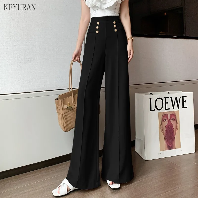 Women Spring Summer New Elegant Button High Waist Wide Leg Pants Female Fashion Casual Full Length Office Lady Trouser Apricot