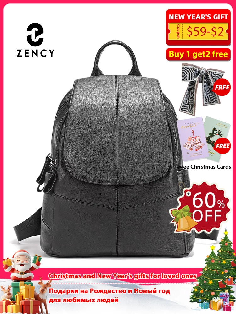 

Zency 100% Genuine Leather Backpack For Women's High Quality Black Purse Commuter Travel School Satchel Female Shopper Bag Winte