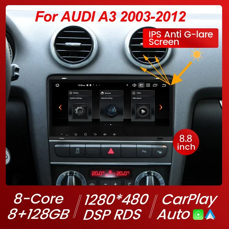 

car For android radio audi a3 8p S3 RS3 2003-2012 Headunit 8+128G 8-Core Carplay+Auto Multimedia Autoradio 32EQ*DSP RDS WIFI 4G